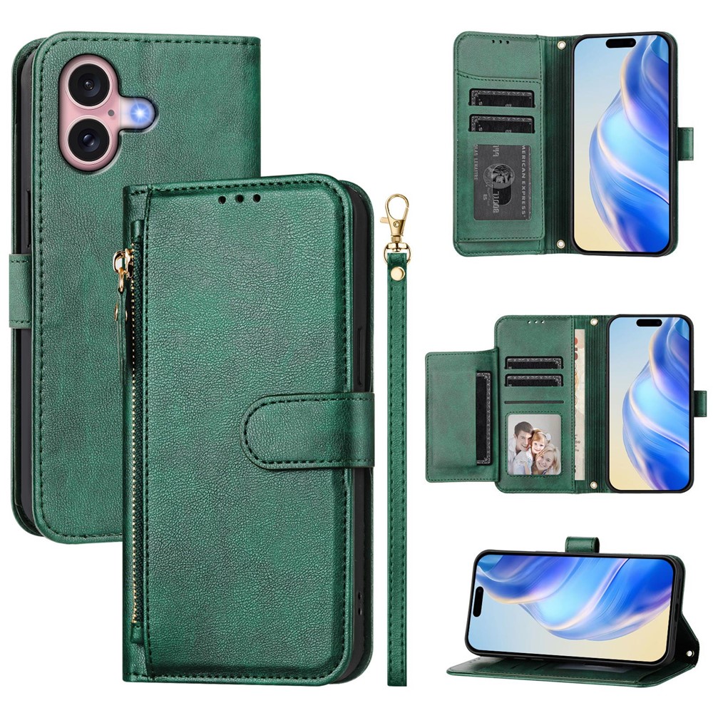 For iPhone 16 Case Zipper Pocket Multiple Card Slots Leather Phone Cover - Green