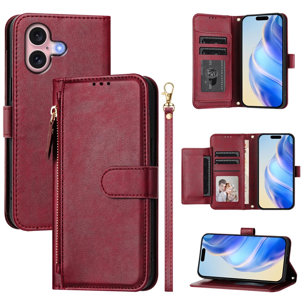 For iPhone 16 Case Zipper Pocket Multiple Card Slots Leather Phone Cover - Red