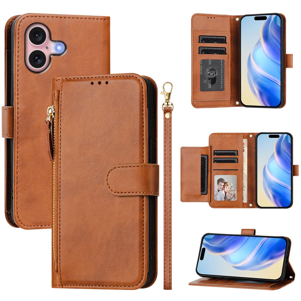 For iPhone 16 Case Zipper Pocket Multiple Card Slots Leather Phone Cover - Brown
