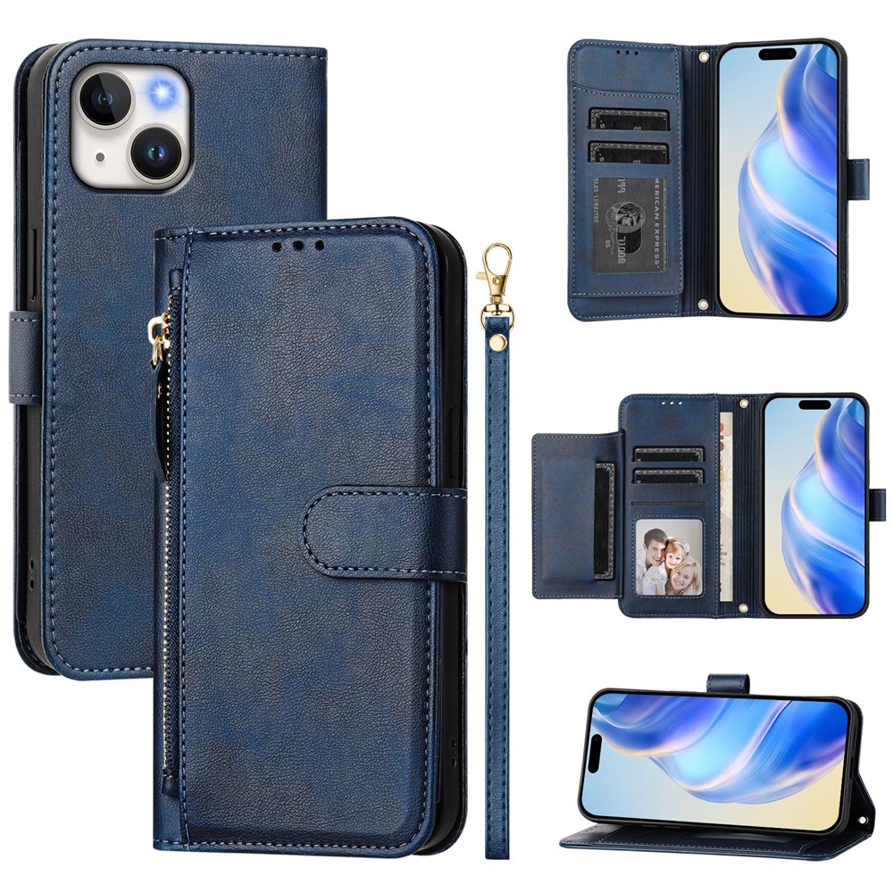 For iPhone 15 Case Zipper Pocket Multiple Card Slots Leather Phone Cover - Blue