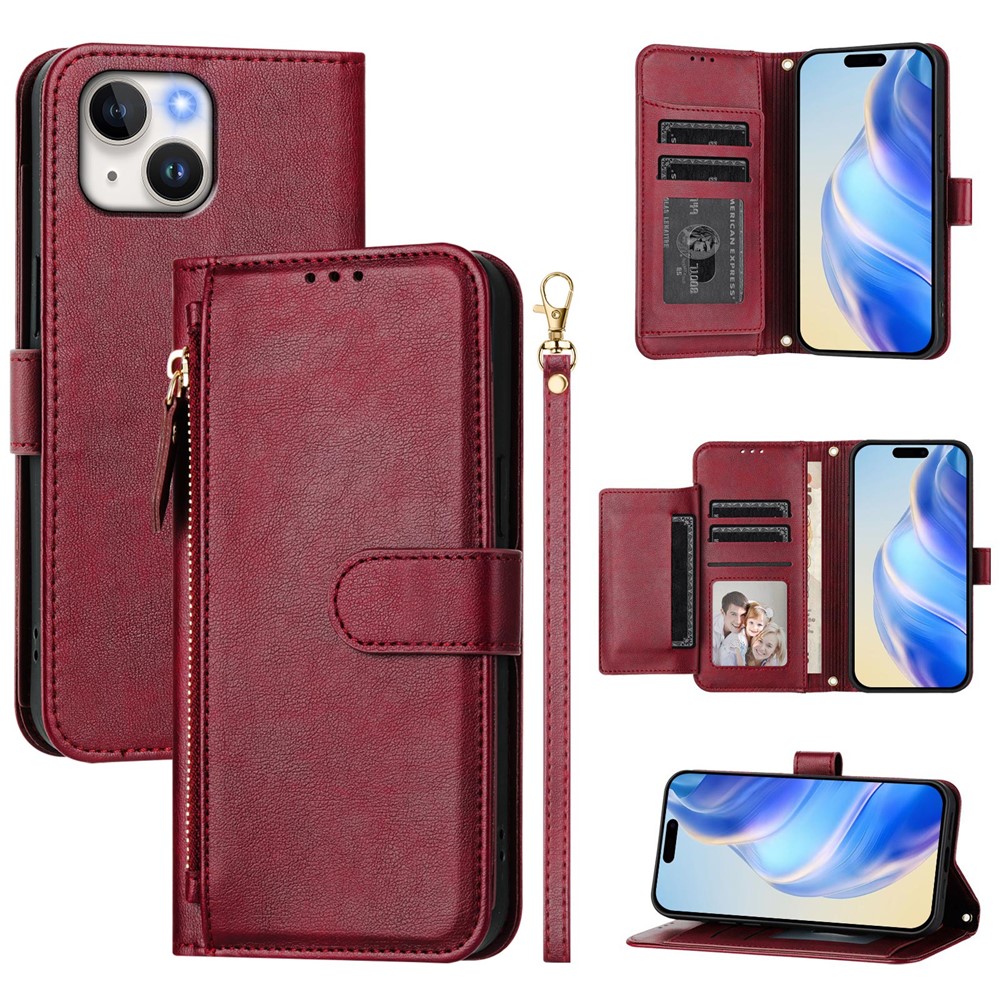 For iPhone 15 Case Zipper Pocket Multiple Card Slots Leather Phone Cover - Red