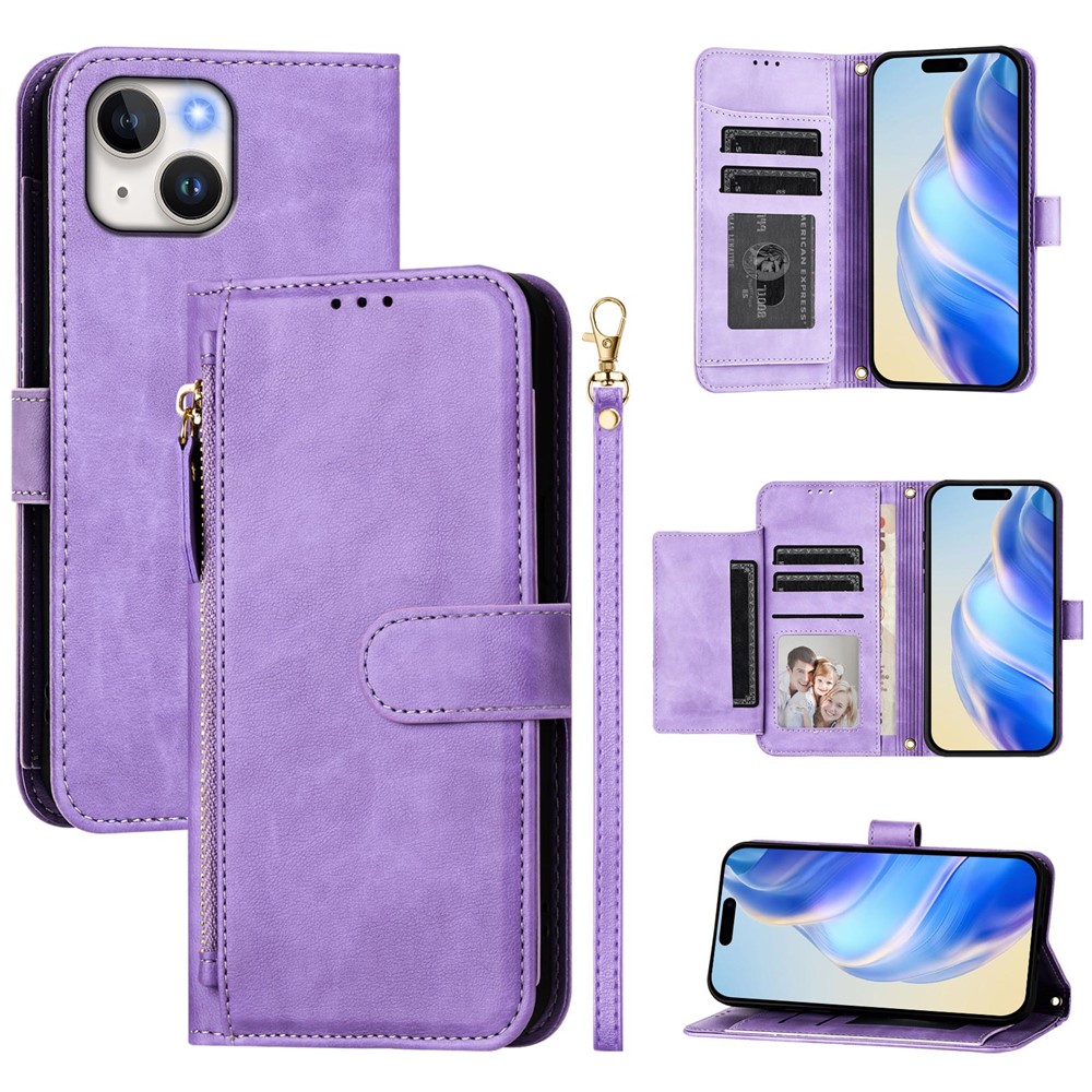For iPhone 15 Case Zipper Pocket Multiple Card Slots Leather Phone Cover - Purple