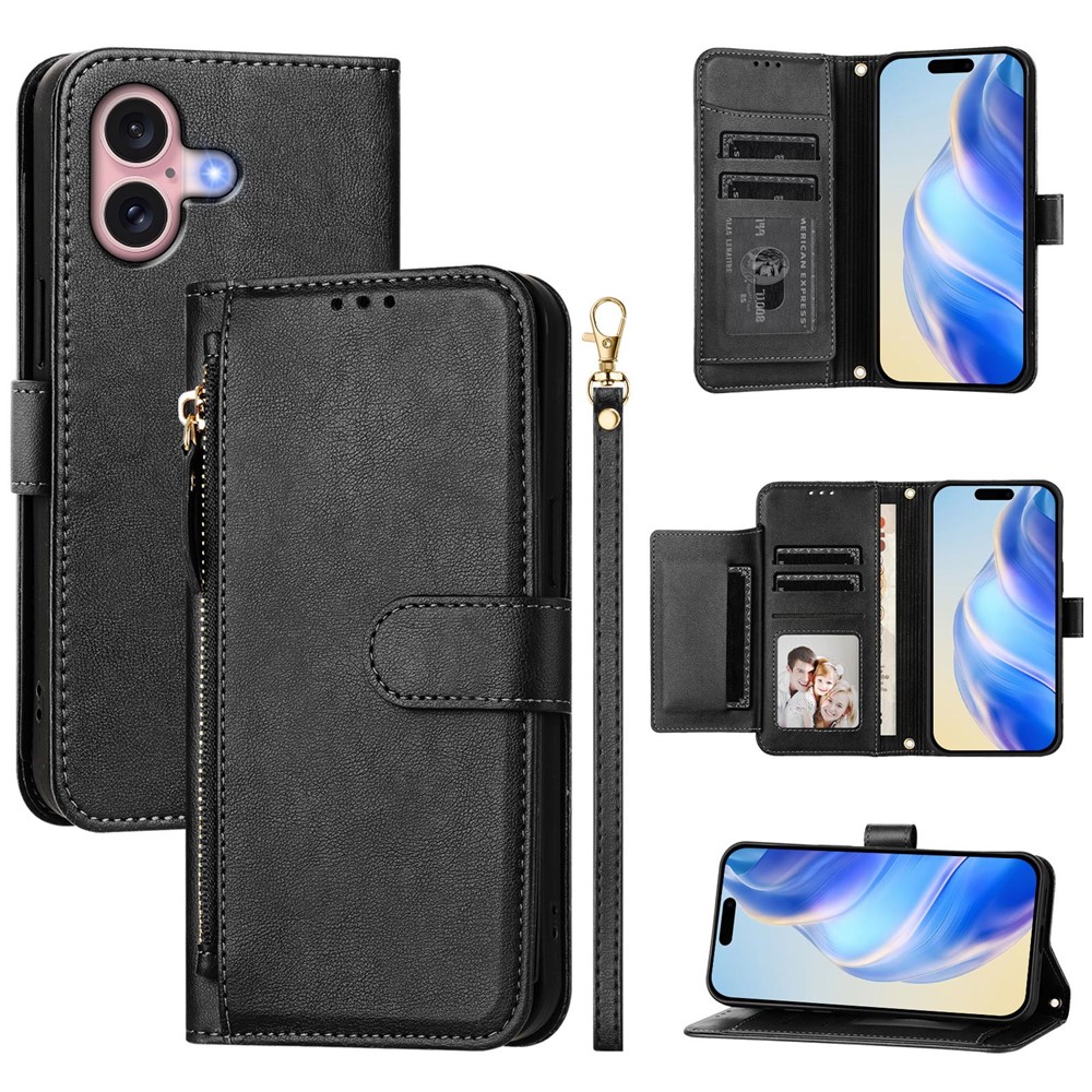 For iPhone 16 Plus Case Zipper Pocket Multiple Card Slots Leather Phone Cover - Black