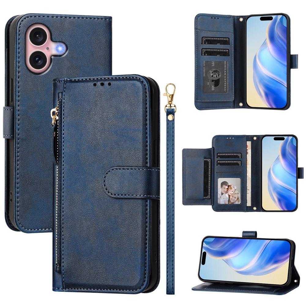 For iPhone 16 Plus Case Zipper Pocket Multiple Card Slots Leather Phone Cover - Blue