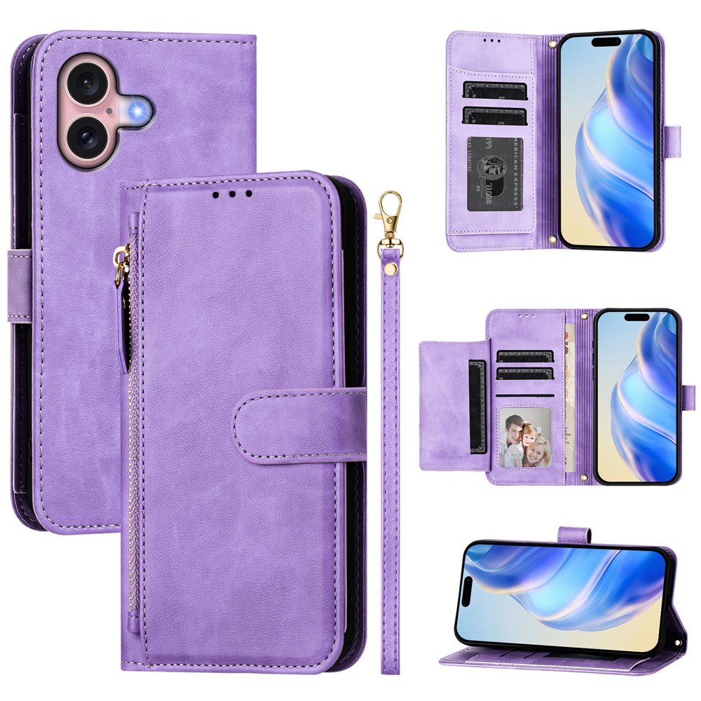 For iPhone 16 Plus Case Zipper Pocket Multiple Card Slots Leather Phone Cover - Purple