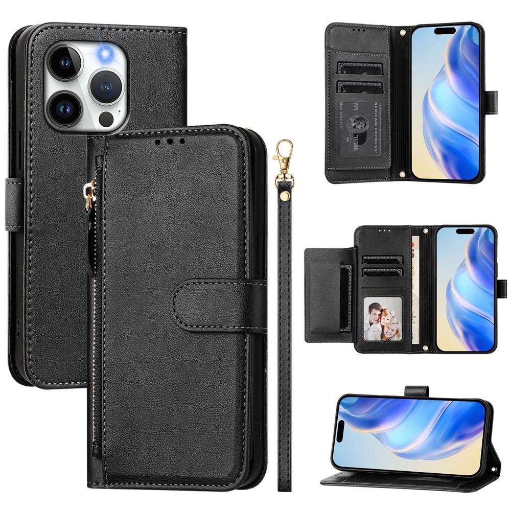 For iPhone 14 Pro Case Zipper Pocket Multiple Card Slots Leather Phone Cover - Black