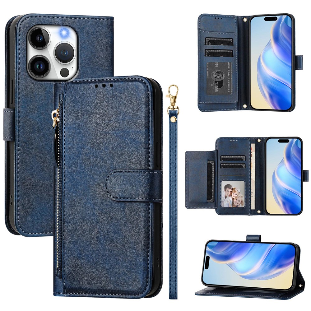 For iPhone 14 Pro Case Zipper Pocket Multiple Card Slots Leather Phone Cover - Blue