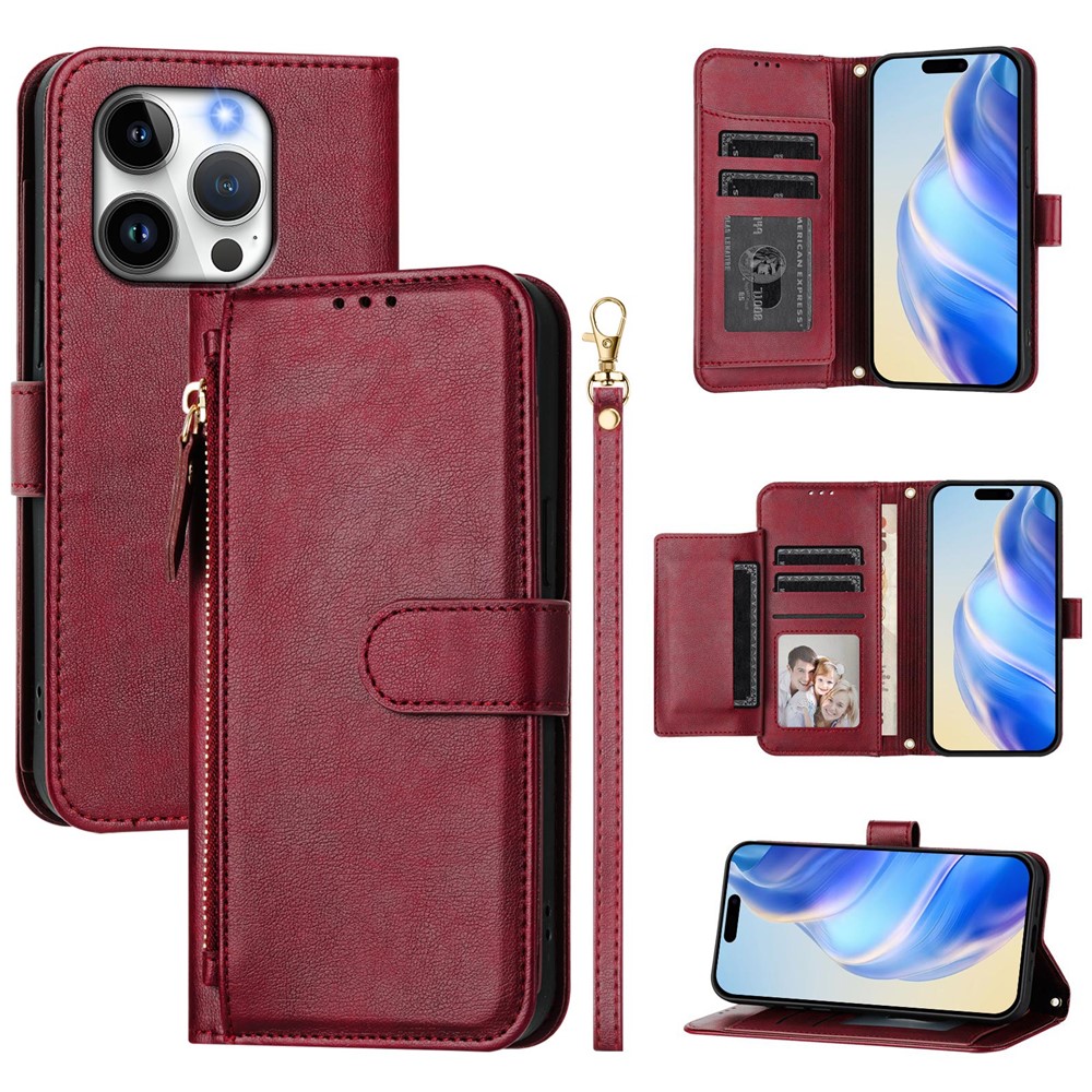 For iPhone 14 Pro Case Zipper Pocket Multiple Card Slots Leather Phone Cover - Red