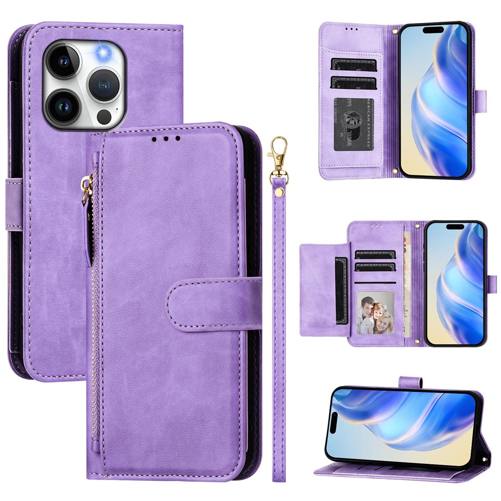 For iPhone 14 Pro Case Zipper Pocket Multiple Card Slots Leather Phone Cover - Purple