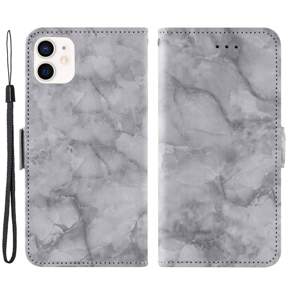 For iPhone 12 mini 5.4 inch Marble Pattern Dual Magnetic Clasp Shockproof PU Leather Stand Flip Wallet Cover - Grey