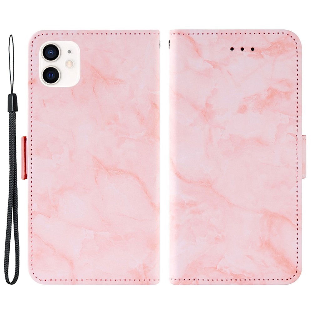 For iPhone 12 mini 5.4 inch Marble Pattern Dual Magnetic Clasp Shockproof PU Leather Stand Flip Wallet Cover - Pink