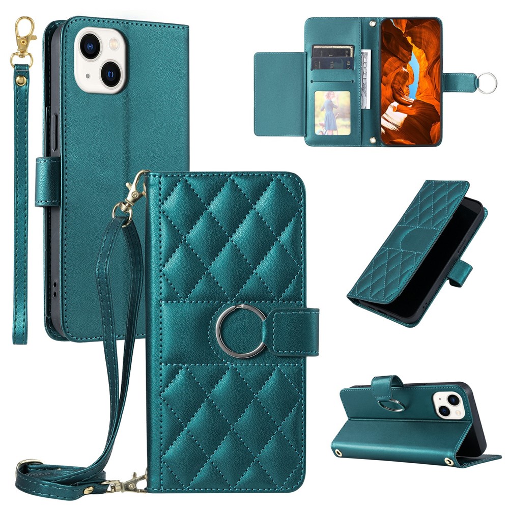For iPhone 15 Crossbody Leather Case Ring Buckle Wallet Stand Rhombus Mobile Cover - Green