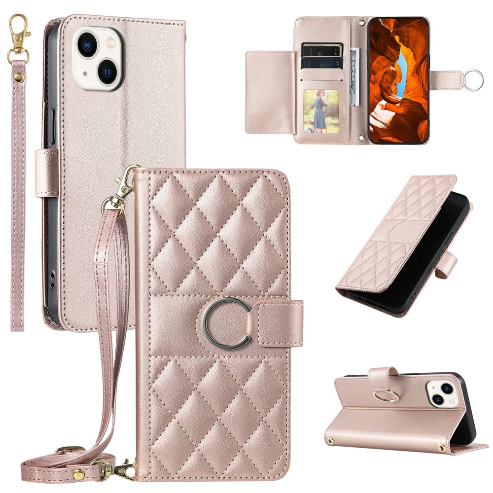 For iPhone 15 Crossbody Leather Case Ring Buckle Wallet Stand Rhombus Mobile Cover - Rose Gold