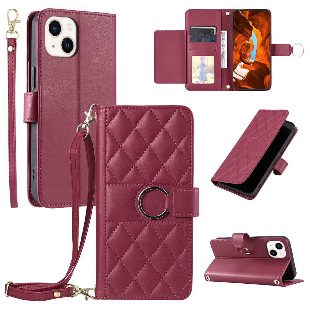 For iPhone 15 Plus Crossbody Leather Case Ring Buckle Wallet Stand Rhombus Mobile Cover - Red