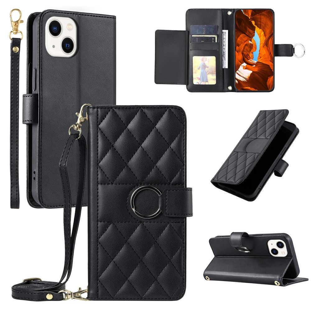 For iPhone 15 Plus Crossbody Leather Case Ring Buckle Wallet Stand Rhombus Mobile Cover - Black
