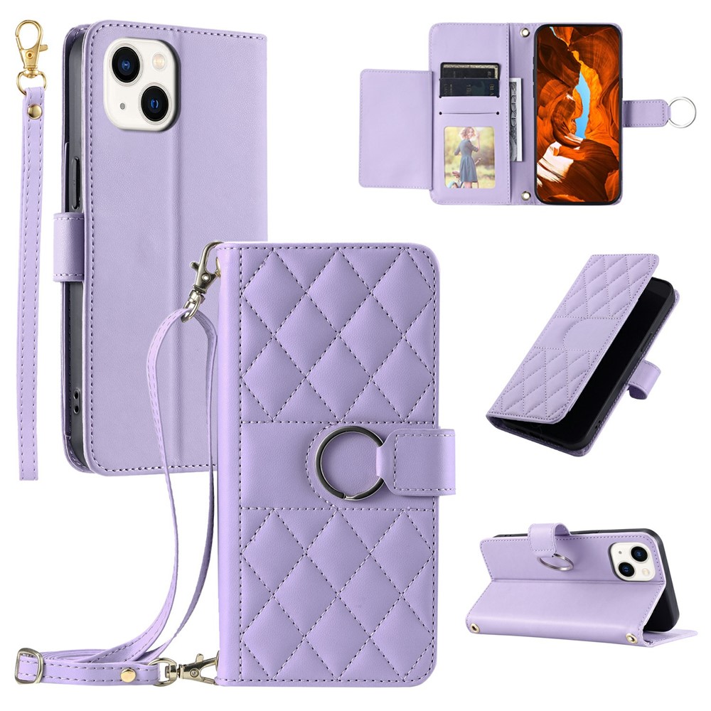 For iPhone 15 Plus Crossbody Leather Case Ring Buckle Wallet Stand Rhombus Mobile Cover - Purple