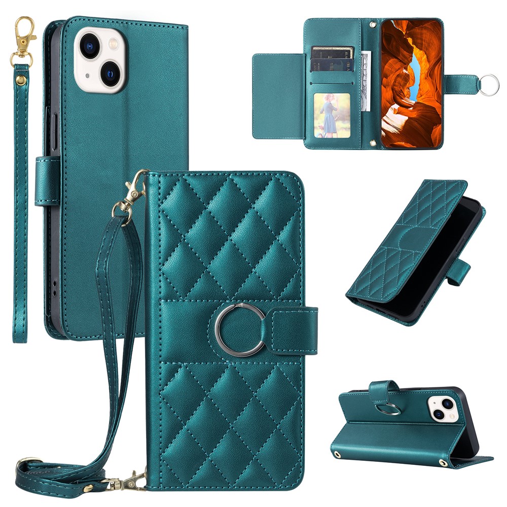 For iPhone 14 / 13 Crossbody Leather Case Ring Buckle Wallet Stand Rhombus Mobile Cover - Green