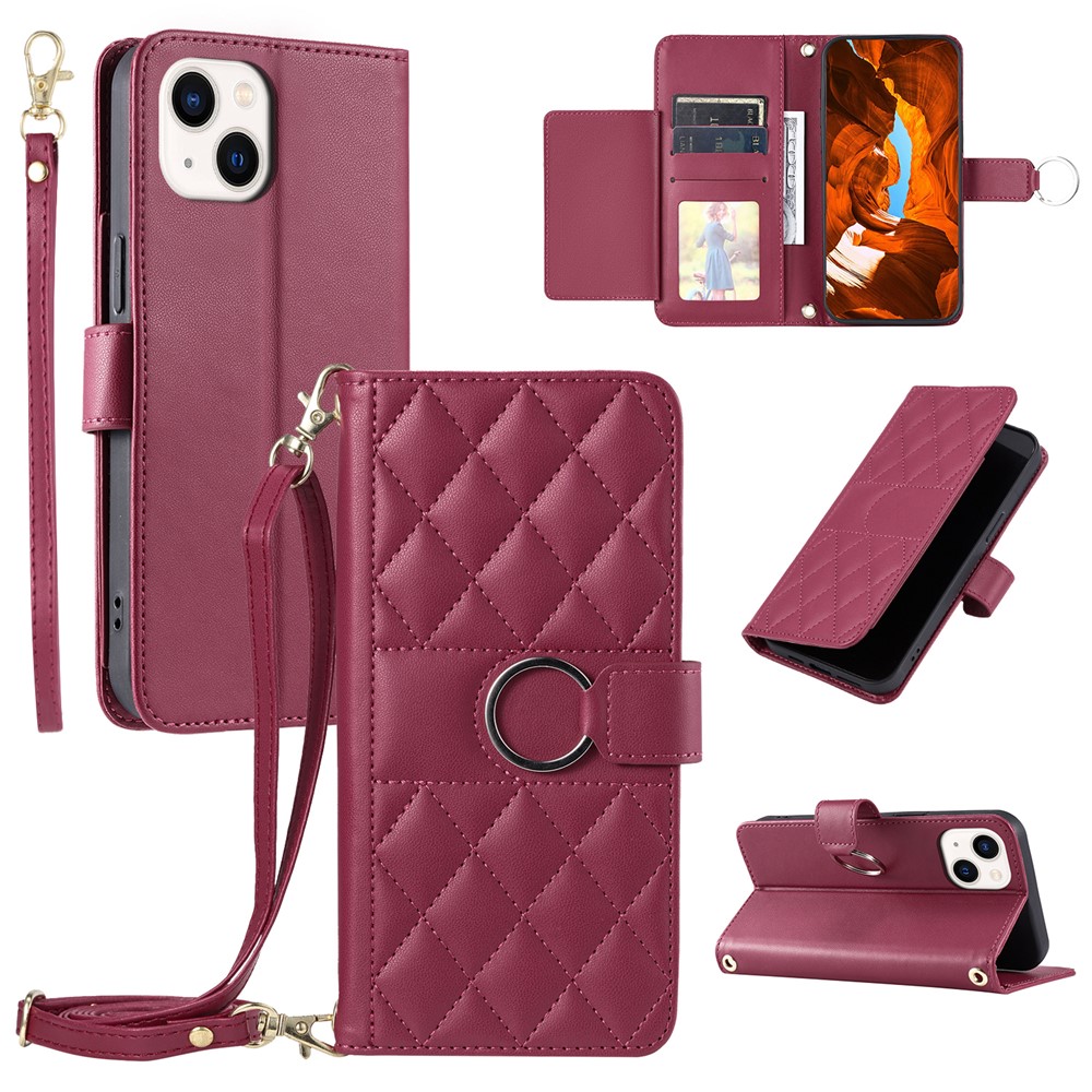 For iPhone 14 / 13 Crossbody Leather Case Ring Buckle Wallet Stand Rhombus Mobile Cover - Red
