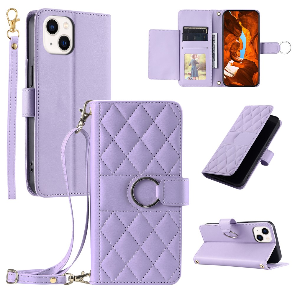 For iPhone 14 / 13 Crossbody Leather Case Ring Buckle Wallet Stand Rhombus Mobile Cover - Purple