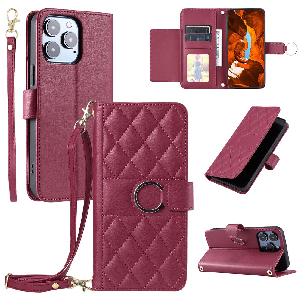 For iPhone 13 Pro Crossbody Leather Case Ring Buckle Wallet Stand Rhombus Mobile Cover - Red