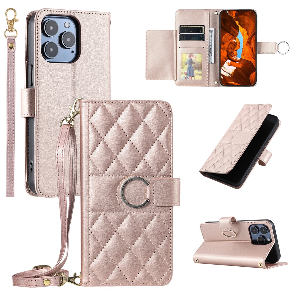 For iPhone 13 Pro Max Crossbody Leather Case Ring Buckle Wallet Stand Rhombus Mobile Cover - Rose Gold