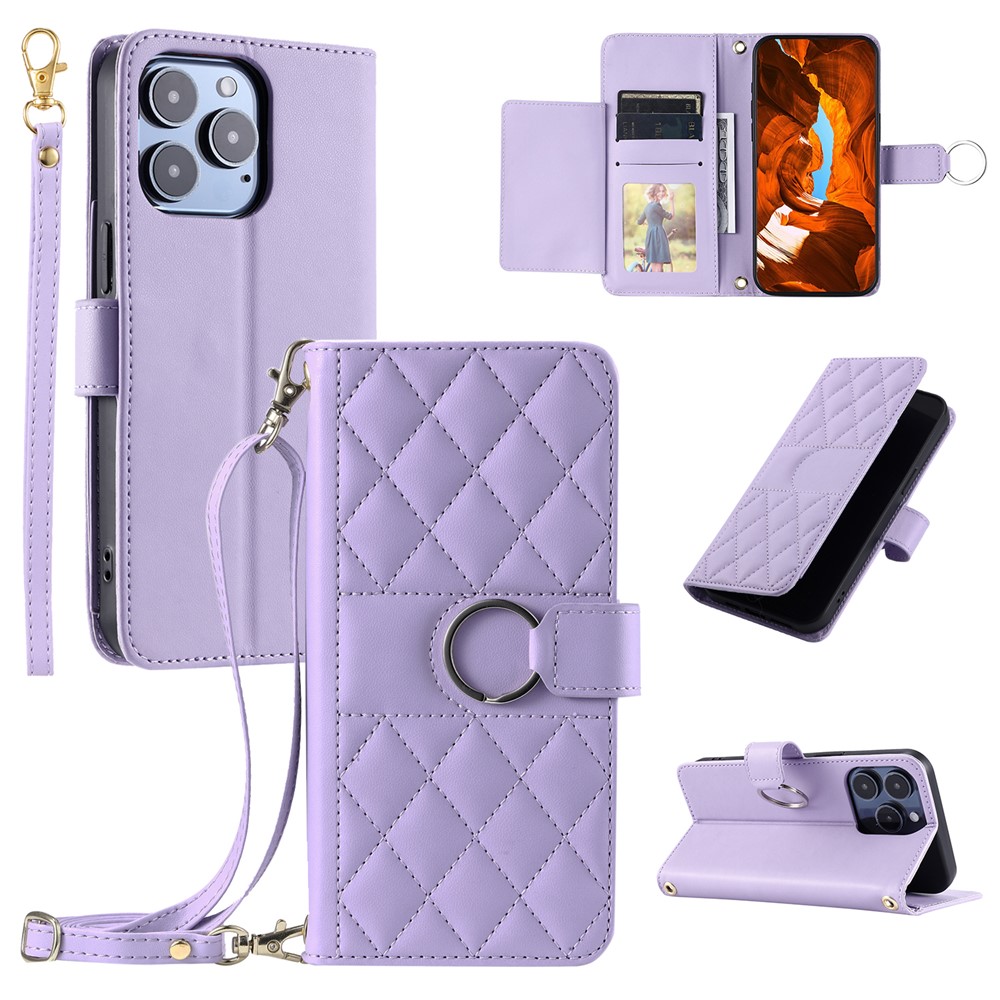 For iPhone 13 Pro Max Crossbody Leather Case Ring Buckle Wallet Stand Rhombus Mobile Cover - Purple