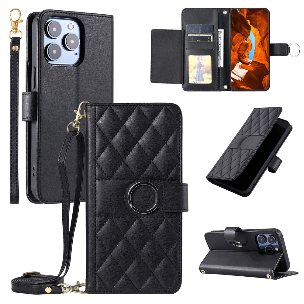 For iPhone 14 Pro Max Crossbody Leather Case Ring Buckle Wallet Stand Rhombus Mobile Cover - Black
