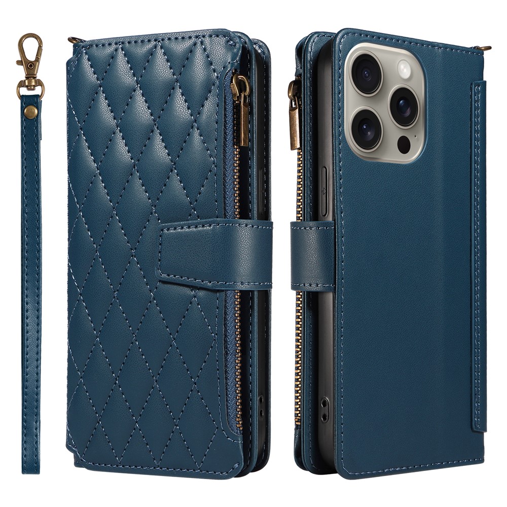 For iPhone 14 Pro Max Leather Case with Card Holder, RFID Blocking Wallet Phone Cover Rhombus Pattern - Blue