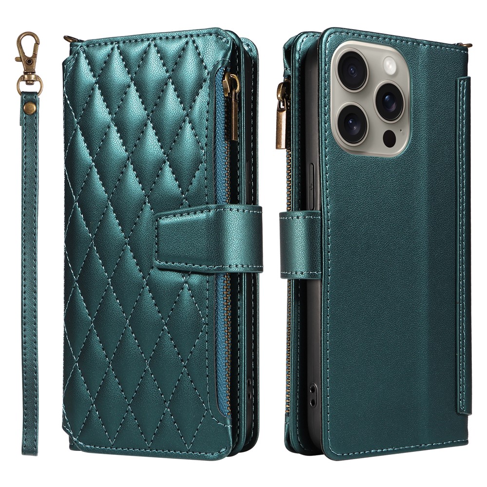 For iPhone 14 Pro Max Leather Case with Card Holder, RFID Blocking Wallet Phone Cover Rhombus Pattern - Dark Green