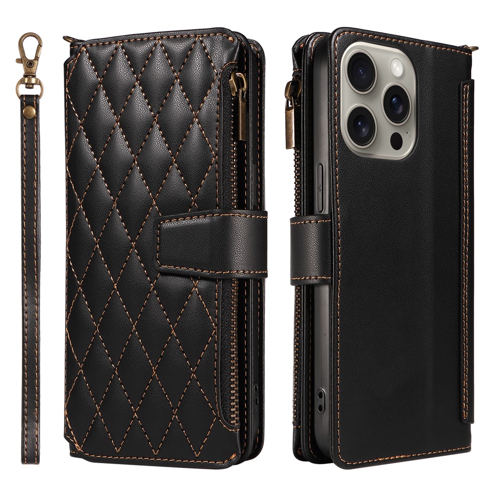 For iPhone 14 Pro Leather Case with Card Holder, RFID Blocking Wallet Phone Cover Rhombus Pattern - Black