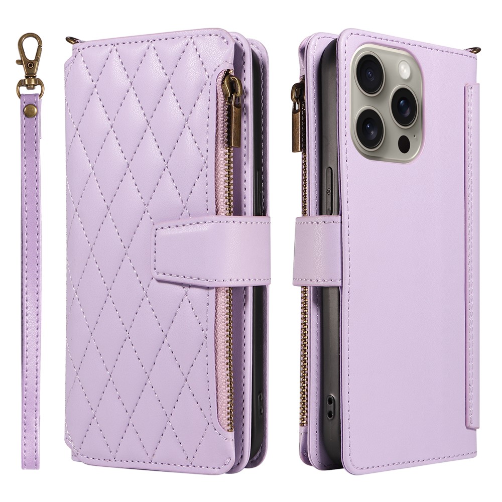For iPhone 14 Pro Leather Case with Card Holder, RFID Blocking Wallet Phone Cover Rhombus Pattern - Purple