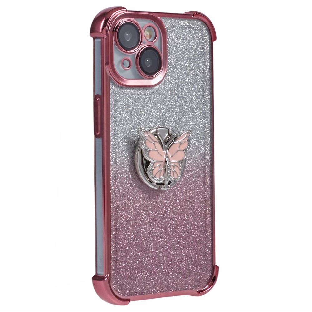 For iPhone 15 Case Butterfly Kickstand Glitter TPU Shockproof Phone Cover - Pink