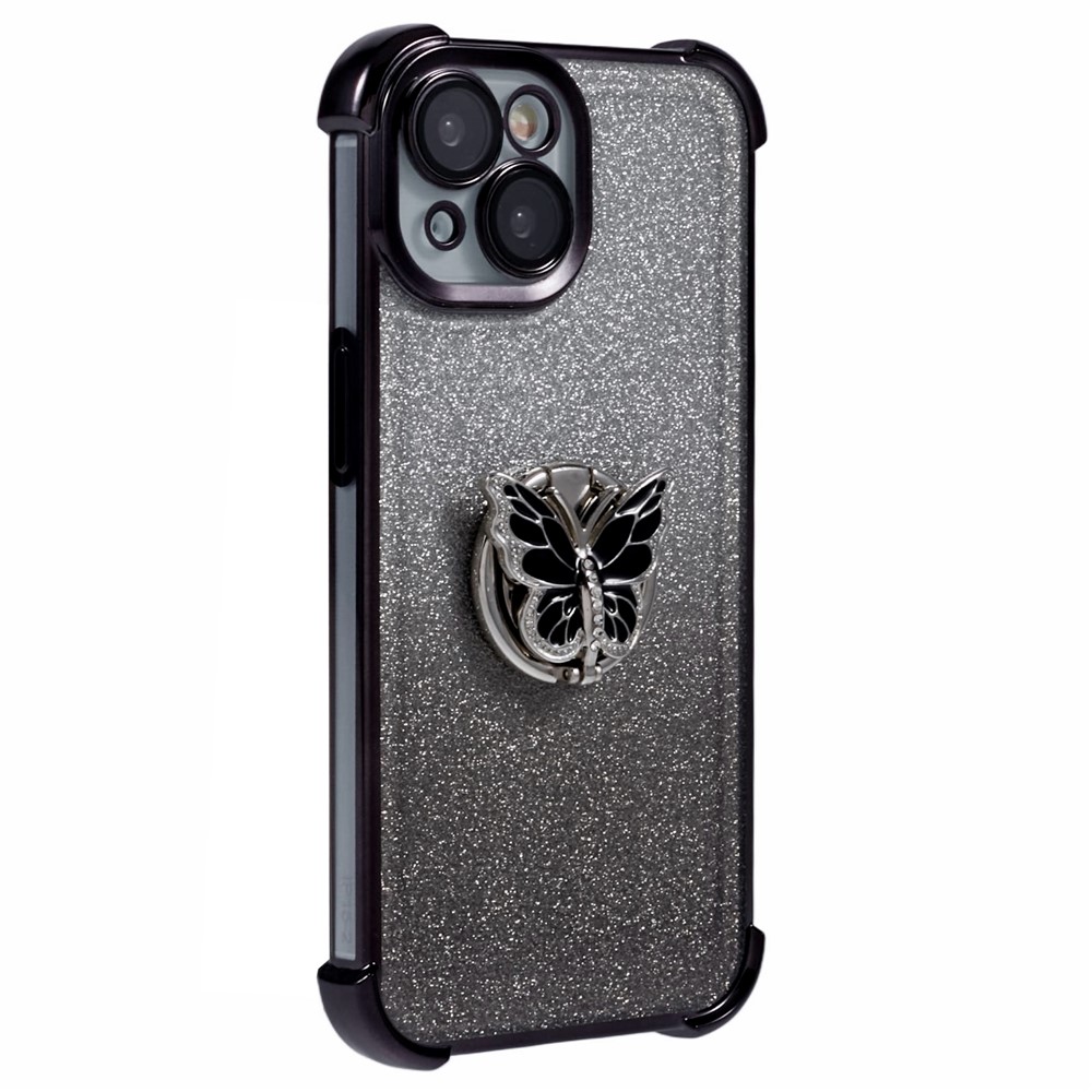 For iPhone 15 Case Butterfly Kickstand Glitter TPU Shockproof Phone Cover - Black
