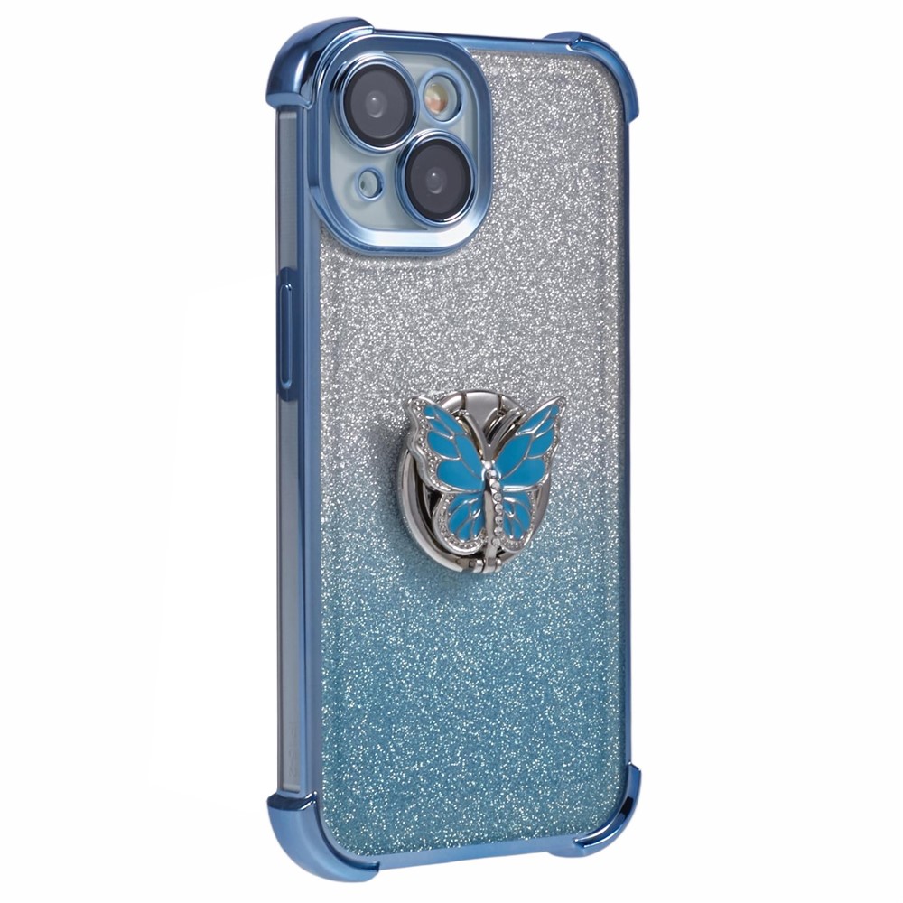For iPhone 15 Case Butterfly Kickstand Glitter TPU Shockproof Phone Cover - Blue