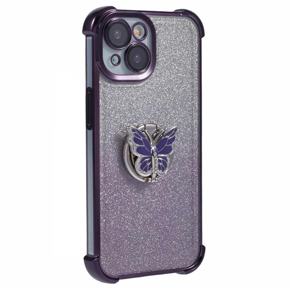 For iPhone 14 Case Butterfly Kickstand Glitter TPU Shockproof Phone Cover - Purple