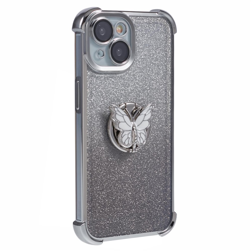 For iPhone 14 Case Butterfly Kickstand Glitter TPU Shockproof Phone Cover - Silver