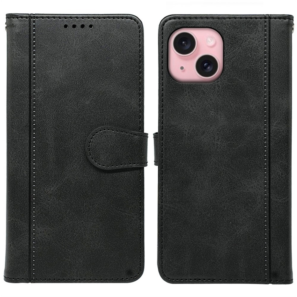For iPhone 14 Case Calf Texture Leather Stand Book Style Phone Cover - Black