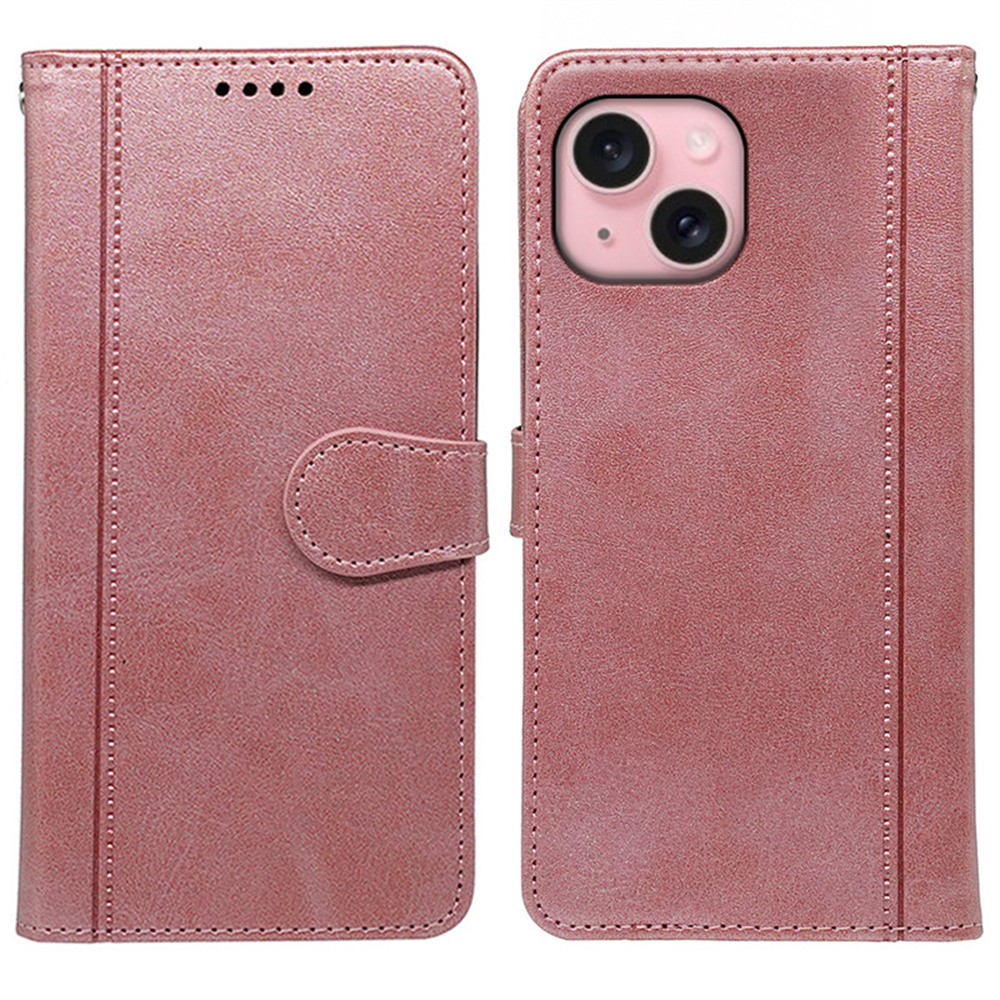 For iPhone 15 Case Calf Texture Leather Stand Book Style Phone Cover - Rose Gold