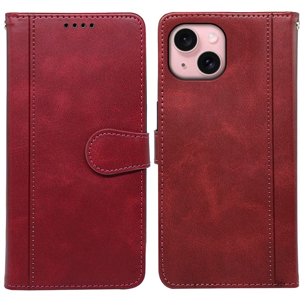 For iPhone 15 Case Calf Texture Leather Stand Book Style Phone Cover - Red