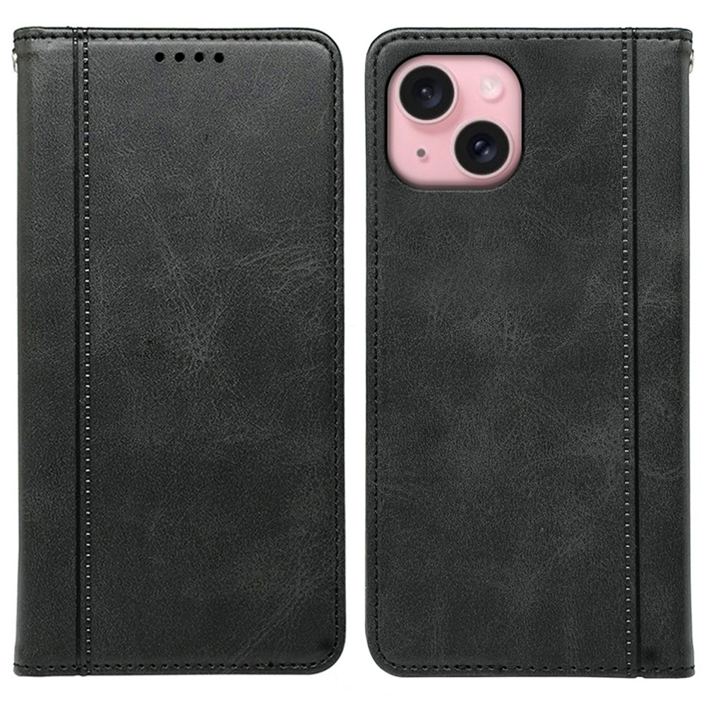For iPhone 15 Case Hidden Magnetic Closure Calf Texture Leather Phone Cover - Black
