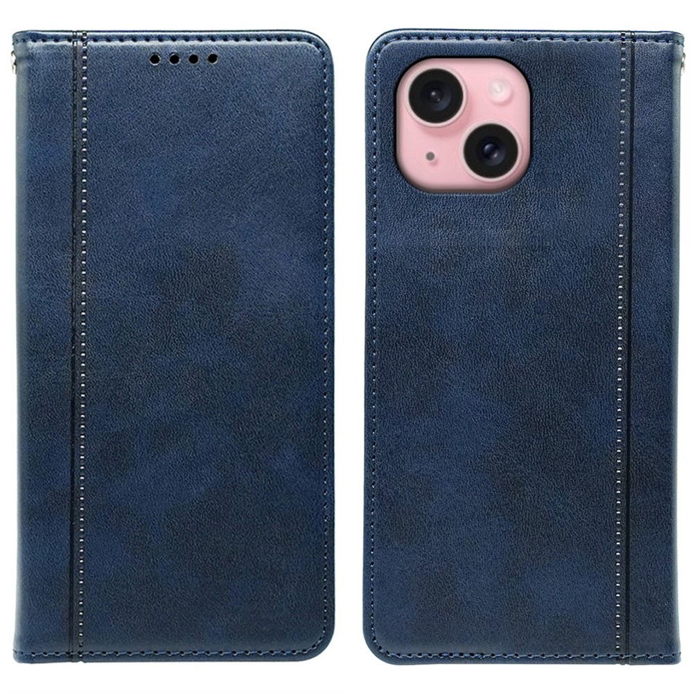 For iPhone 15 Case Hidden Magnetic Closure Calf Texture Leather Phone Cover - Blue