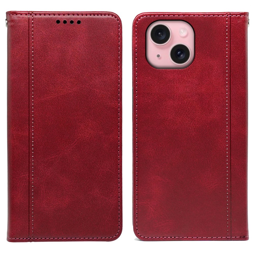 For iPhone 14 Case Hidden Magnetic Closure Calf Texture Leather Phone Cover - Red