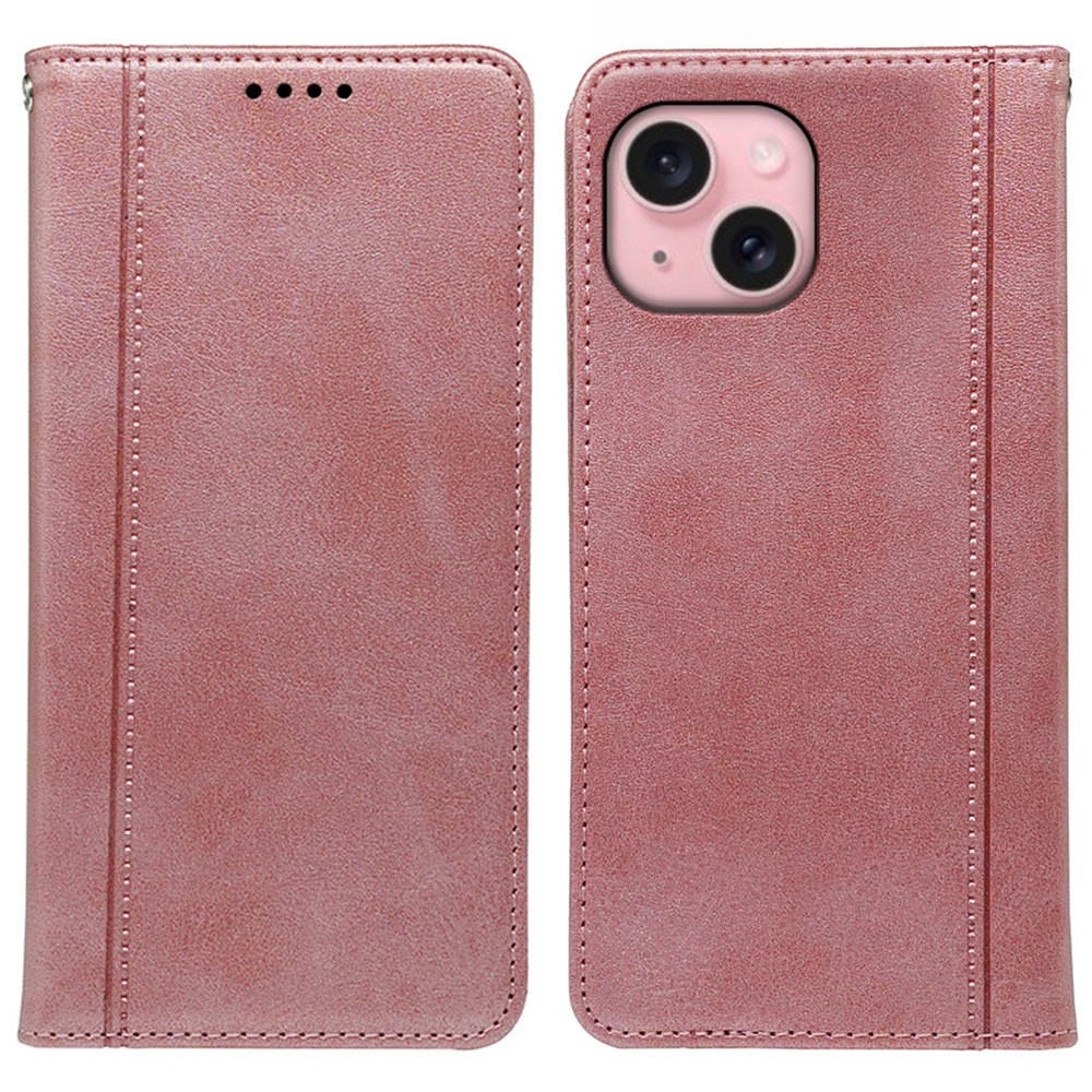 For iPhone 14 Case Hidden Magnetic Closure Calf Texture Leather Phone Cover - Rose Gold