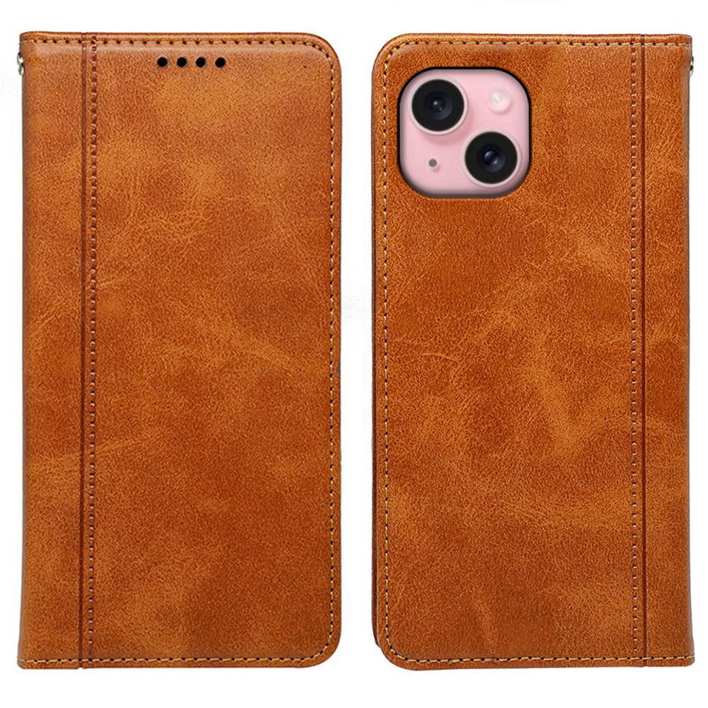 For iPhone 14 Case Hidden Magnetic Closure Calf Texture Leather Phone Cover - Yellow