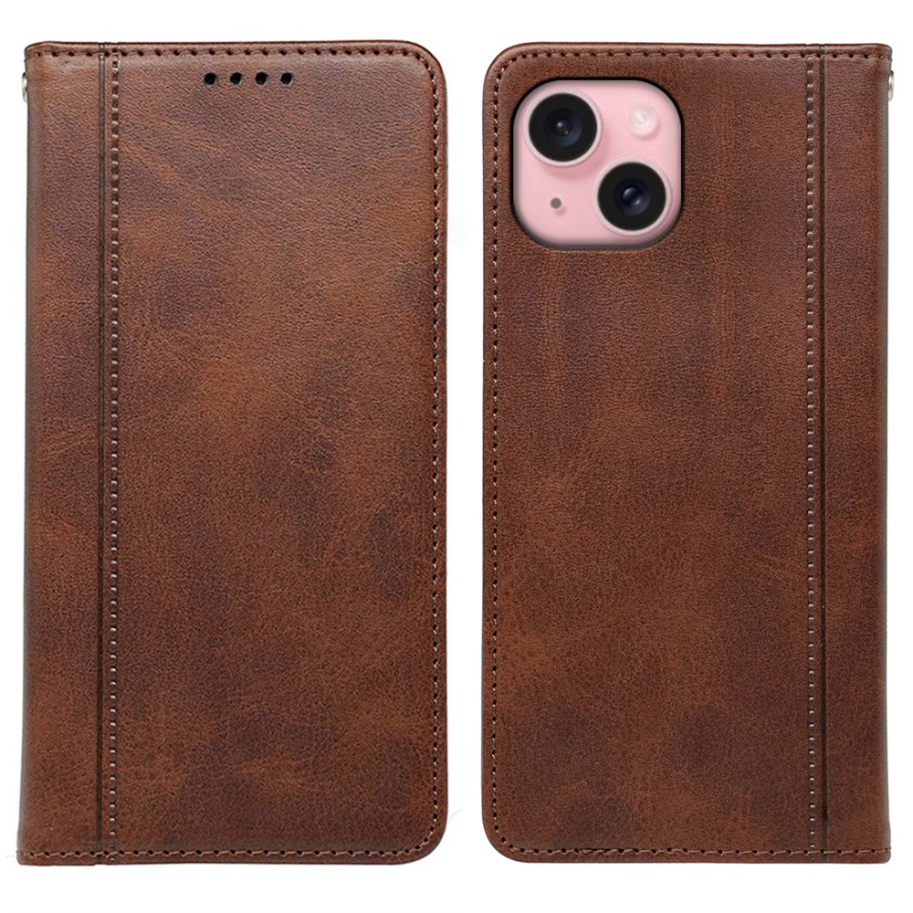 For iPhone 14 Case Hidden Magnetic Closure Calf Texture Leather Phone Cover - Brown