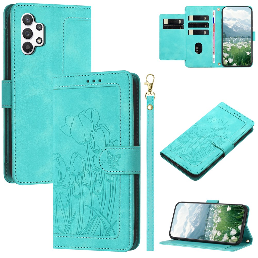 For Samsung Galaxy A32 5G / M32 5G Case Tulip Leather Phone Cover with 5 Card Slots Wallet - Green