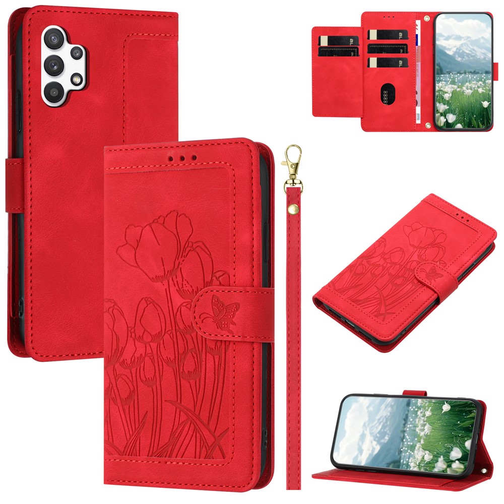 For Samsung Galaxy A32 5G / M32 5G Case Tulip Leather Phone Cover with 5 Card Slots Wallet - Red