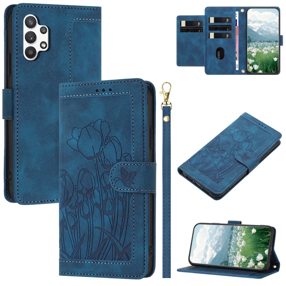 For Samsung Galaxy A32 5G / M32 5G Case Tulip Leather Phone Cover with 5 Card Slots Wallet - Blue