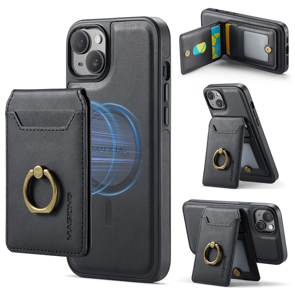 MAGKING K1 Series For iPhone 15 Magnetic Case PC+TPU+PU Phone Cover with Card Holder - Black