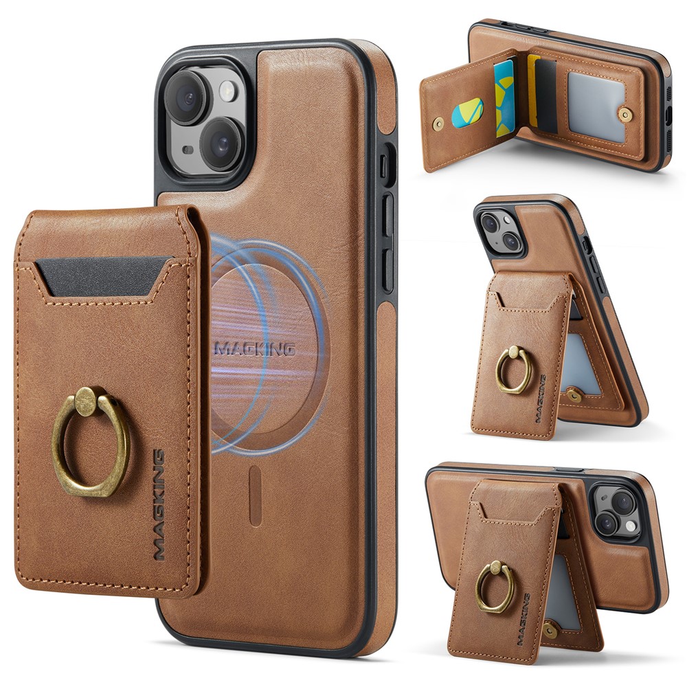MAGKING K1 Series For iPhone 15 Magnetic Case PC+TPU+PU Phone Cover with Card Holder - Brown